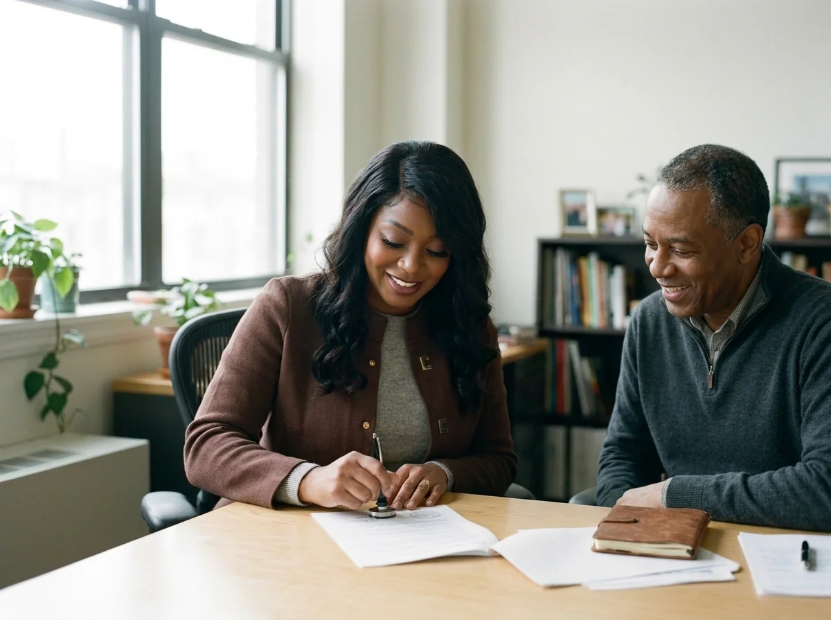 Woman signing paperwork with a man at an office table