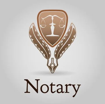 A logo featuring a scale of justice inside a shield, with two feathers on either side, and a pen at the bottom, with the word 'Notary' beneath.