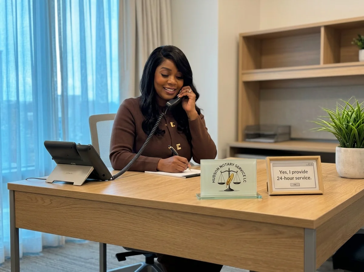 Professional notary public speaking on the phone at an office desk, with a sign advertising 24-hour service.