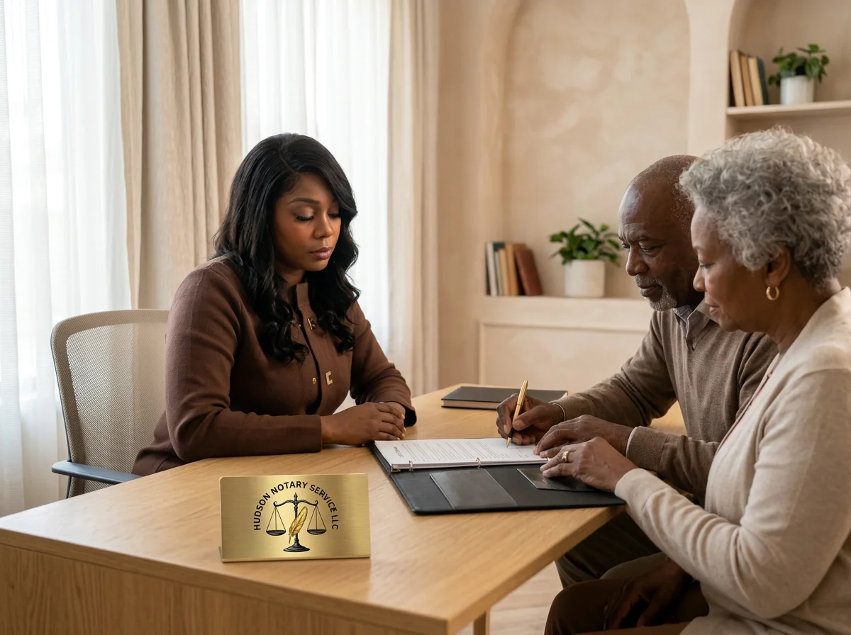 Notary public assisting an elderly couple with signing documents at a desk, with a Hudson Notary Service LLC sign