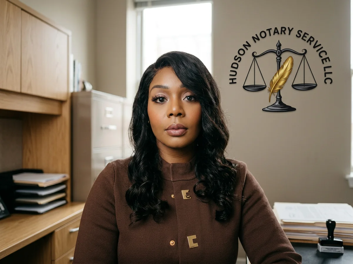Professional Black woman seated in an office beneath a Hudson Notary Service LLC logo featuring scales and a gold quill