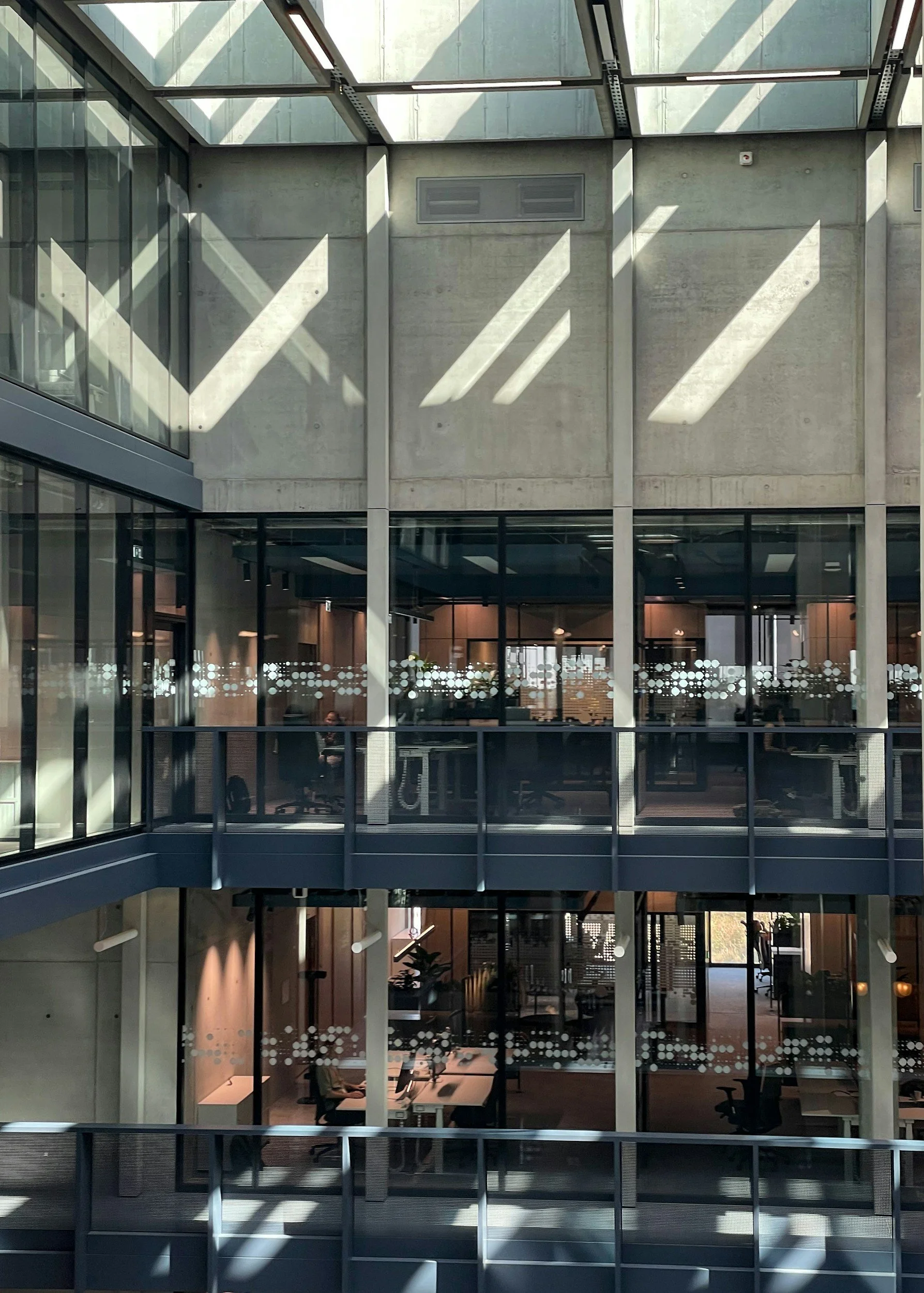 Interior view of a modern office building with glass walls, concrete walls, and sunlight casting shadows through a glass ceiling, revealing people working inside.