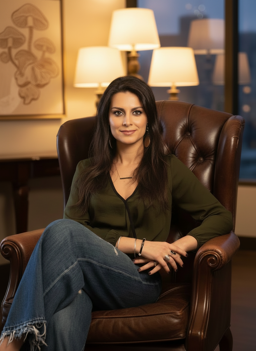 A woman with dark hair and eyes, wearing a green blouse and jeans, sitting in a brown leather armchair in a warmly lit room with three table lamps and a framed artwork of mushrooms in the background.