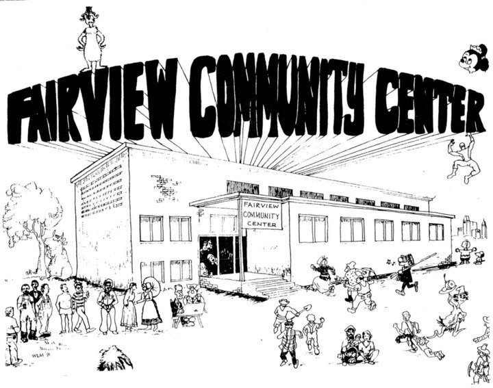 A cartoon illustration of people gathering outside the Fairview Community Center, with a large sign reading 'Fairview Community Center' and a stylized title at the top. The scene includes children playing, adults talking, and various playful characte