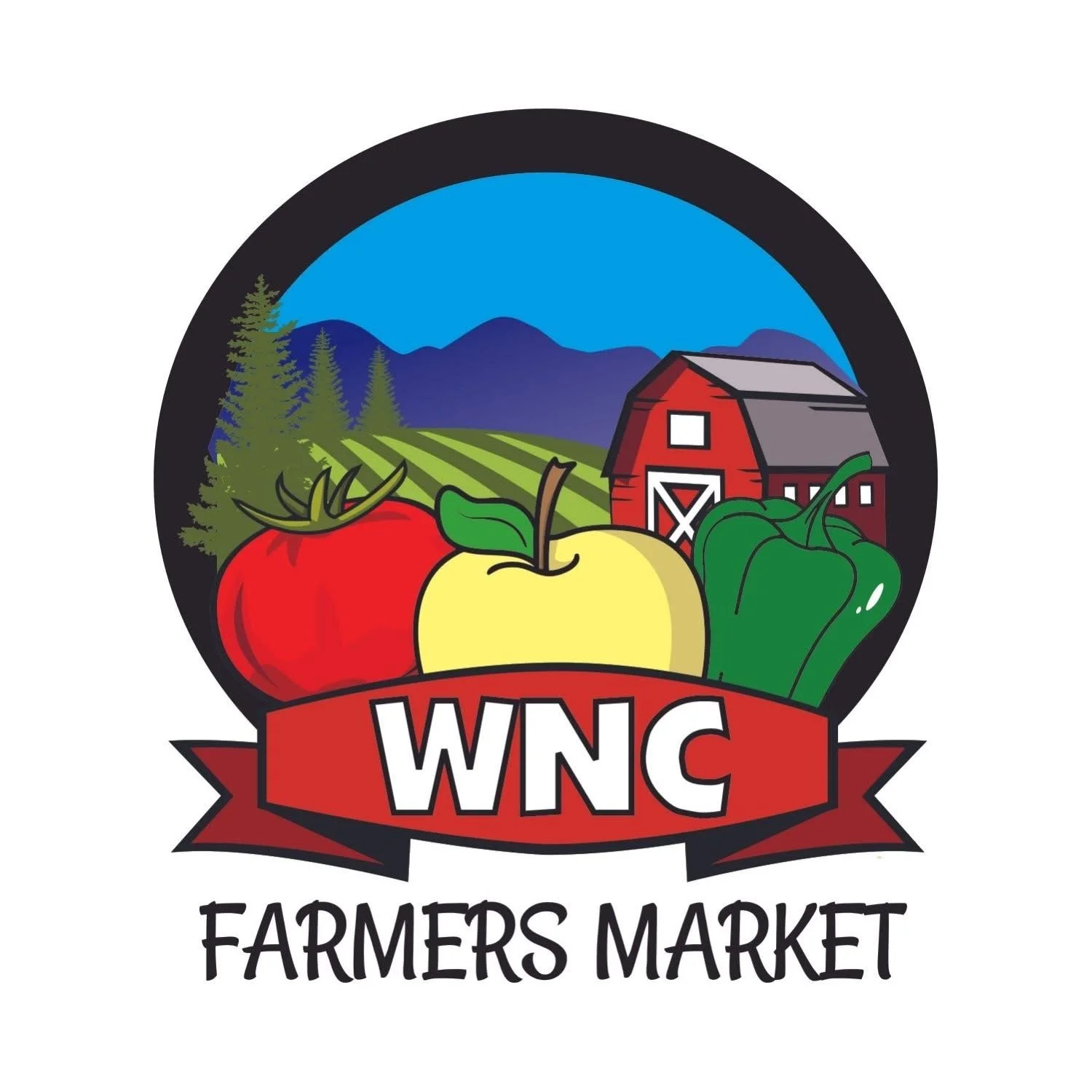 Logo for WNC Farmers Market featuring a red tomato, yellow apple, and green bell pepper in front of a barn, with mountains, trees, and a blue sky in the background.