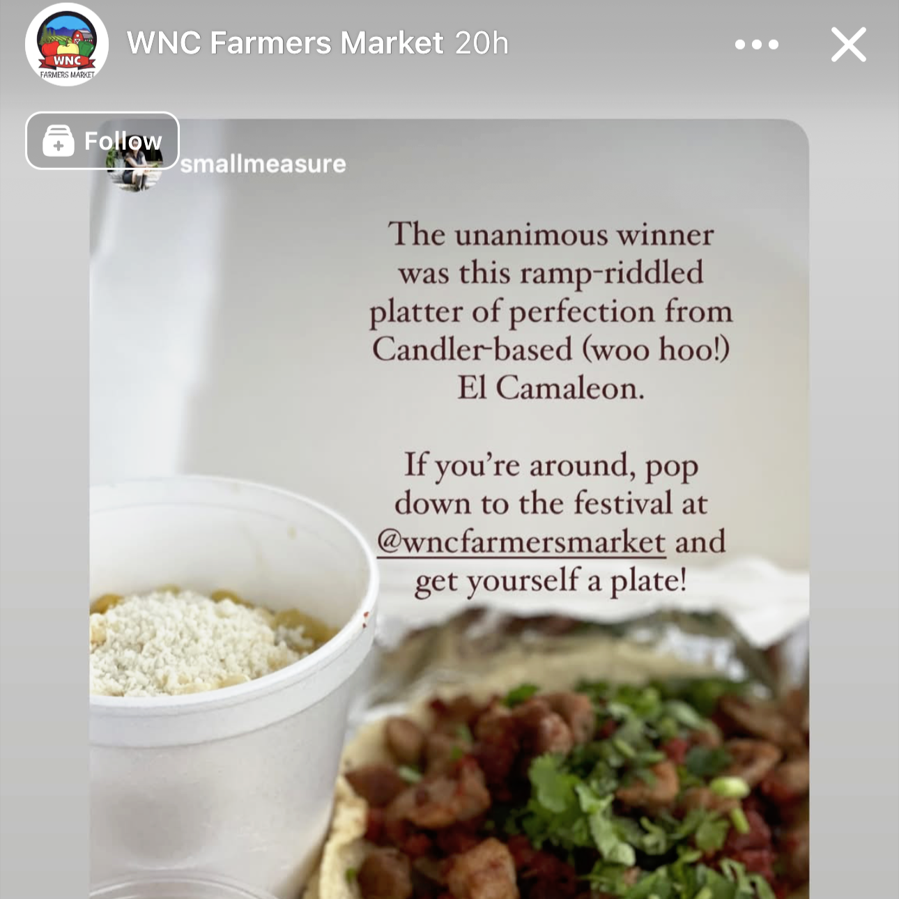 A white cup with white powder and a plate with meat and cilantro, accompanied by text about a contest at WNC Farmers Market mentioning Candler and El Camaleon.