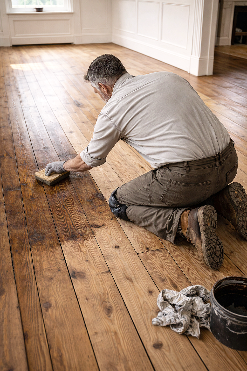 A man kneeling on a hardwood floor, sanding or finishing the wood with a block, in a well-lit room with white walls and a window.