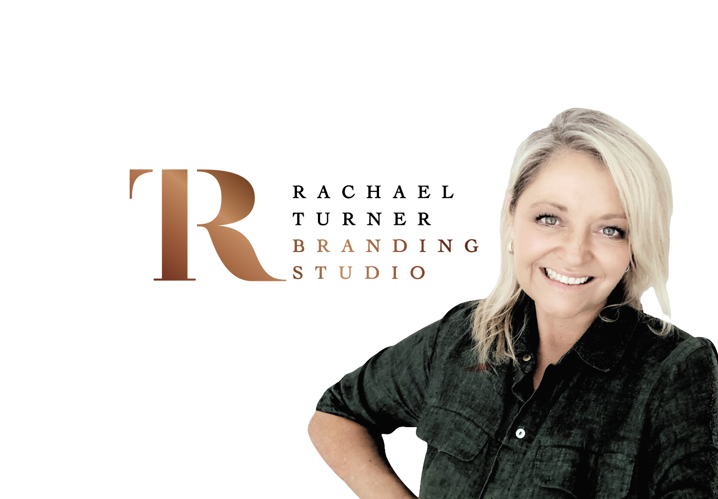 Logo for Rachael Turner Branding Studio featuring a large stylized 'R' and the text 'Rachael Turner Branding Studio' beside a smiling blonde woman.