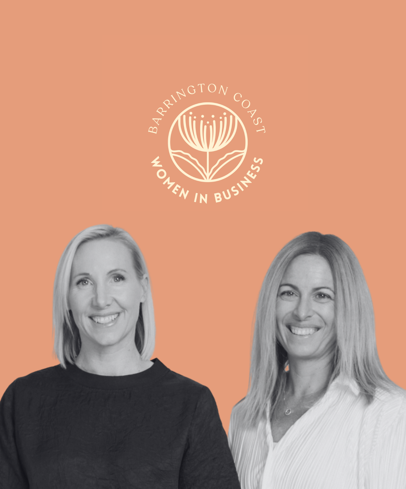 A promotional graphic featuring two smiling women in black and white photos against a peach background, with a circular logo of a flower at the top and text reading "Barrington Coast Women in Business."