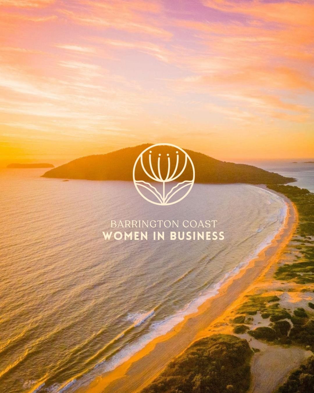 Aerial view of a beach at sunset with a forested island in the distance, overlaid with the logo and text for Barrington Coast Women in Business.