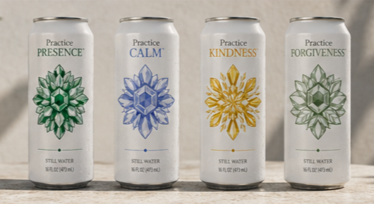 Four Practice Water cans featuring Presence, Calm, Kindness, and Forgiveness in a mountain setting.
