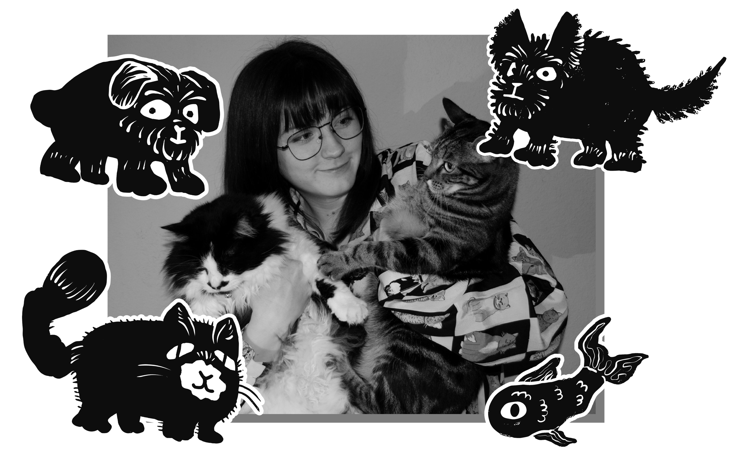 Black-and-white photo of a woman with glasses holding two cats, surrounded by cartoon illustrated cats and a dog, with a black background.