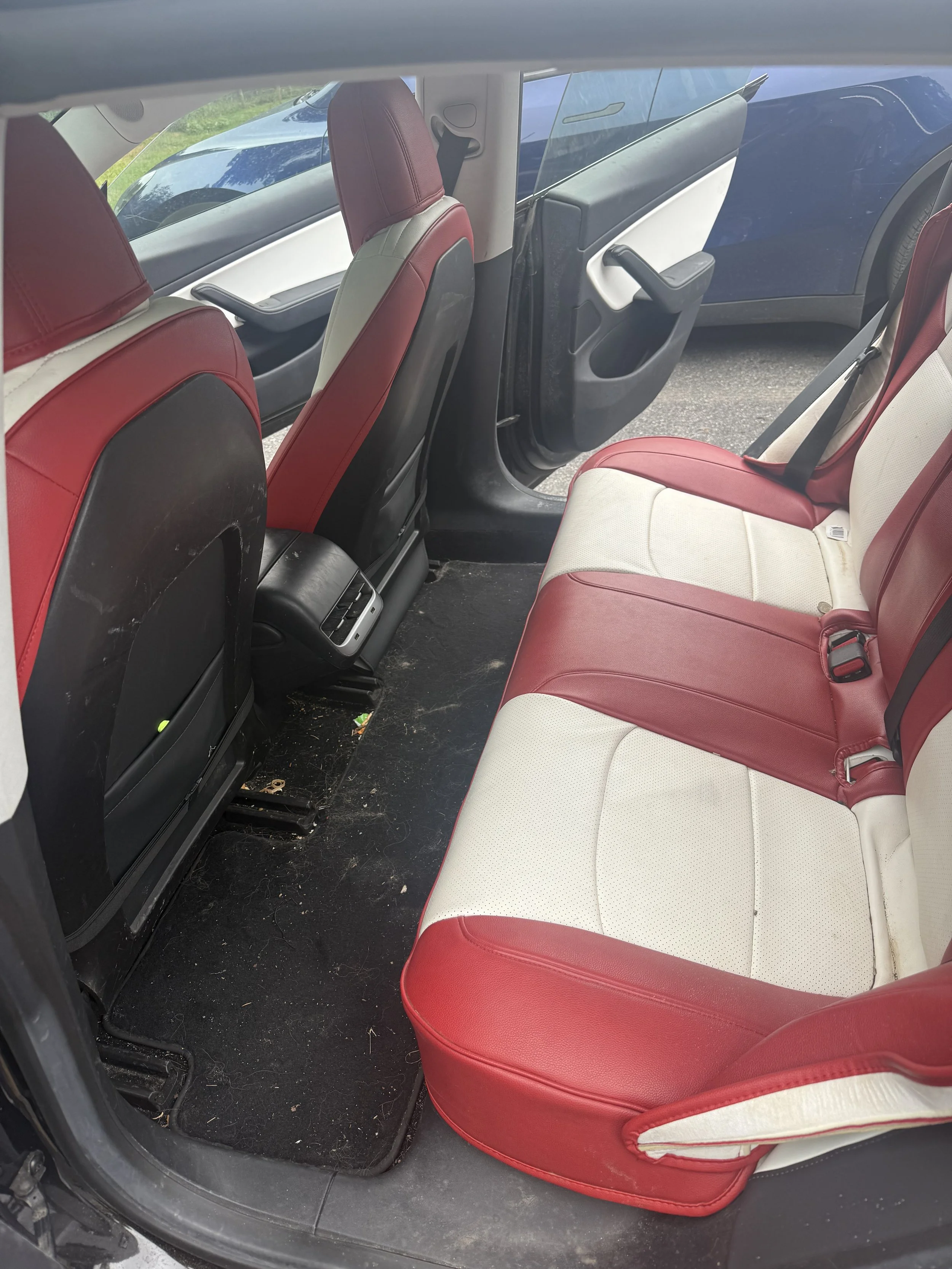 The backseat interior of a vehicle with red and white leather seats, showing the passenger side door open and a view outside of other vehicles.