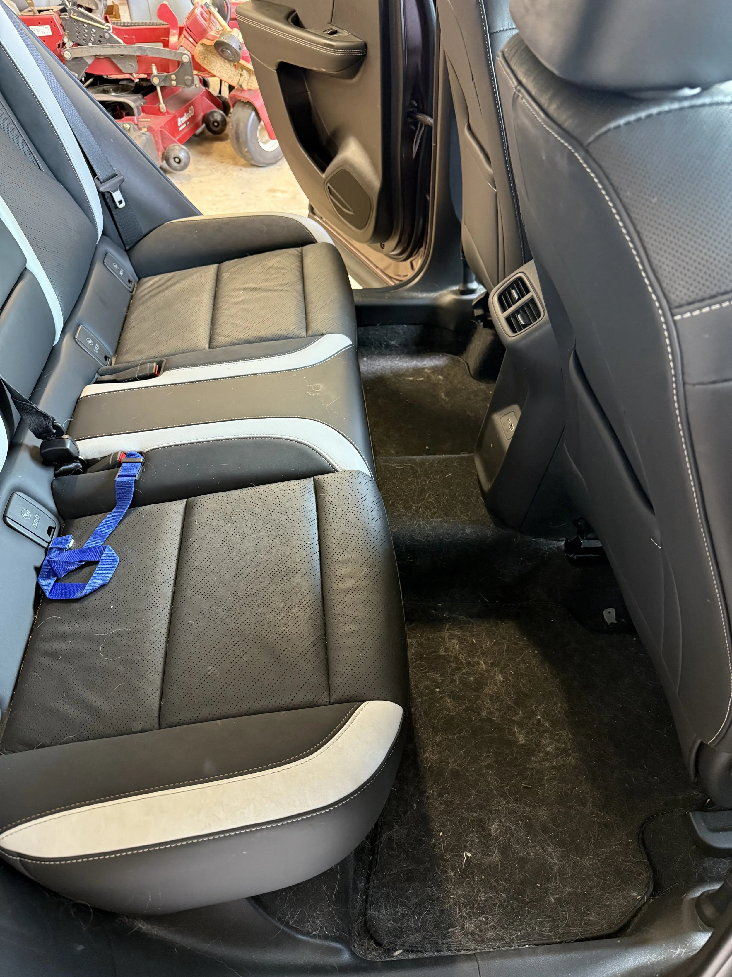 The backseat of a car with black and gray leather seats, a blue seatbelt, and a black carpeted floor that appears slightly dirty or dusty, with a view of the open rear door and a red lawnmower in the background.