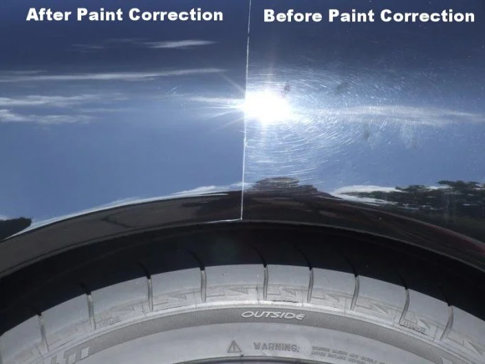 Comparison of a car's paint before and after correction, showing the left side with improved clarity and gloss, and the right side with scratches and dullness.