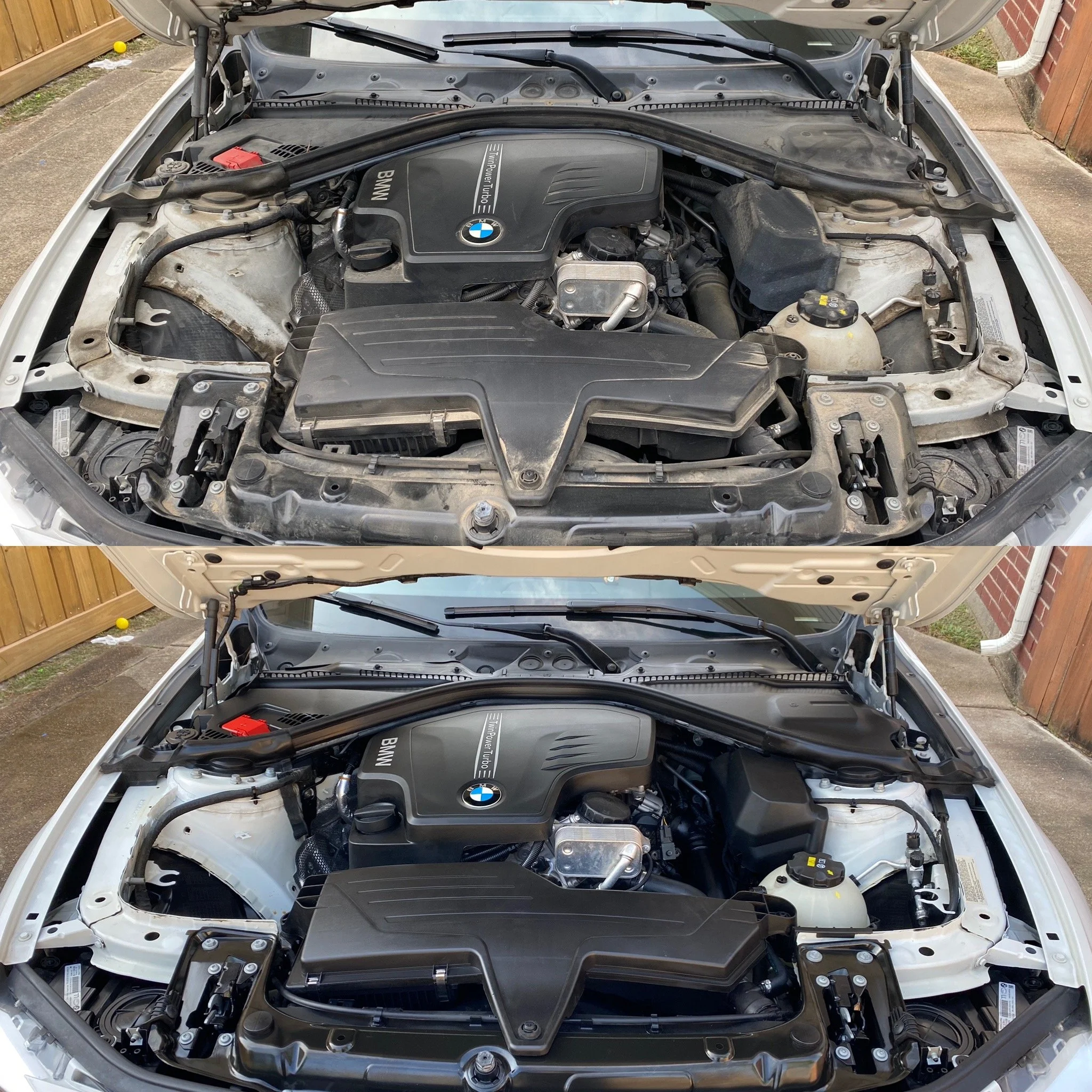 Comparison of a car engine bay before and after cleaning. The top image shows a dirty engine with dust and debris, while the bottom image shows a clean engine with a shiny, black engine cover. Both images are of the same BMW engine compartment with the hood open.