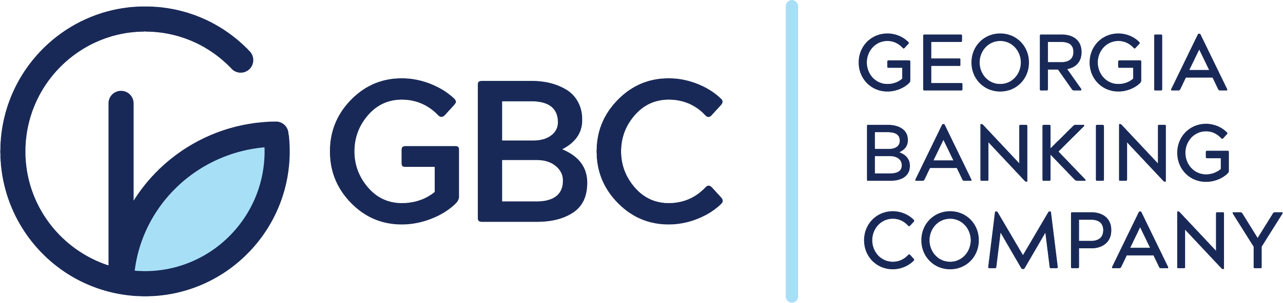 GBC Georgia Banking Company logo with text on right and a blue emblem with a leaf inside on left
