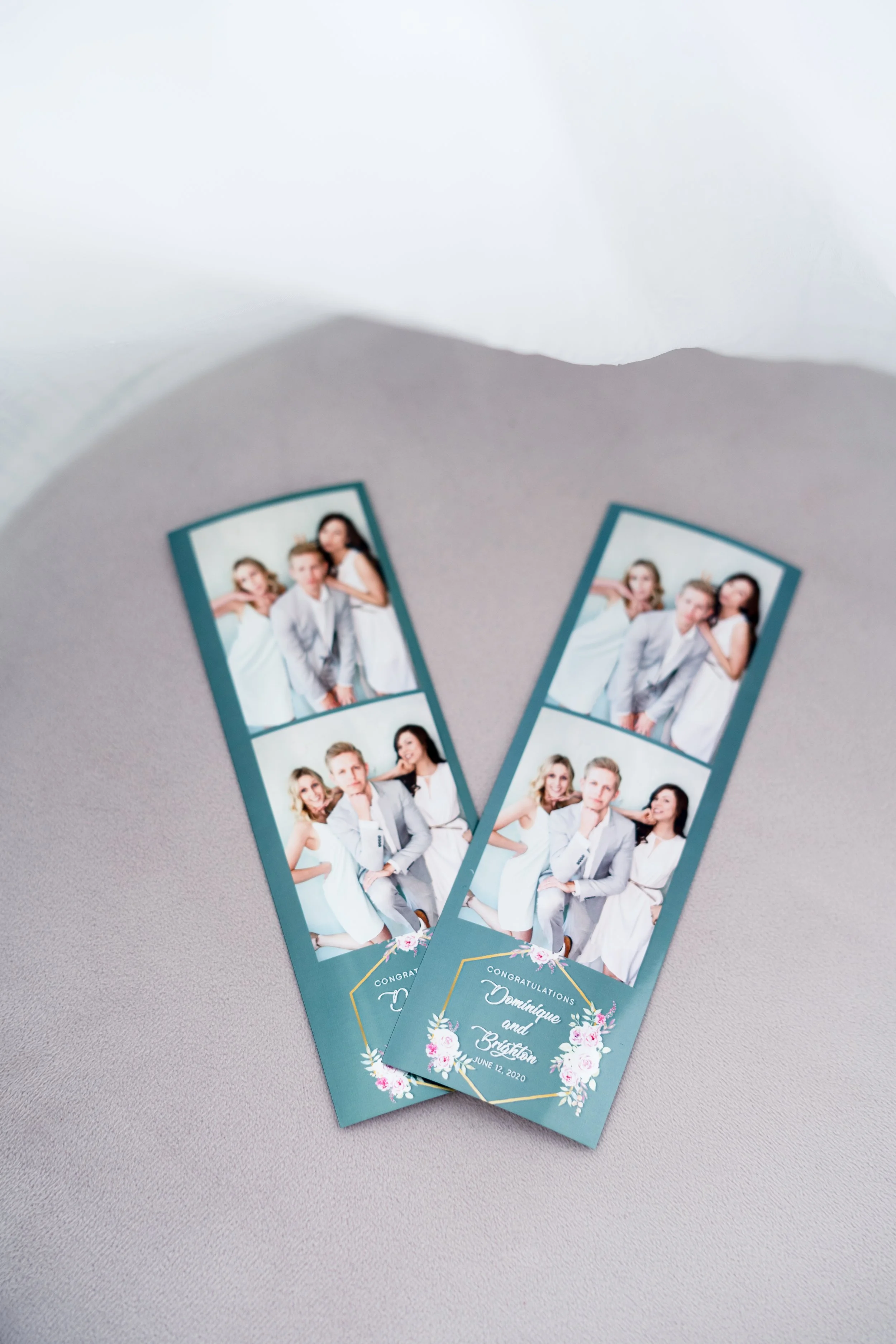 Wedding photo booth strips with group photos and congratulation message, dated June 12, 2020.