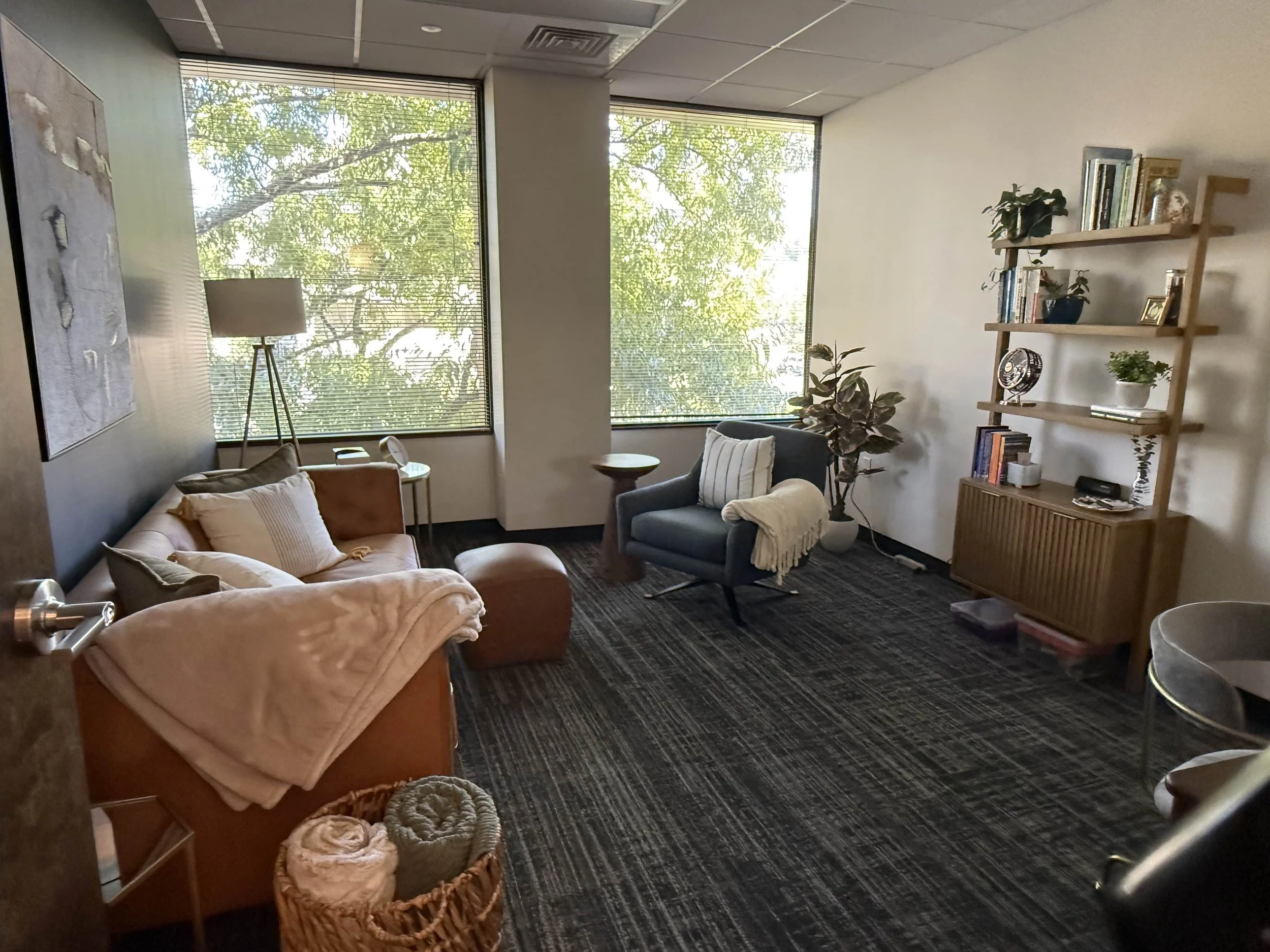 Modern therapy office lit by afternoon light