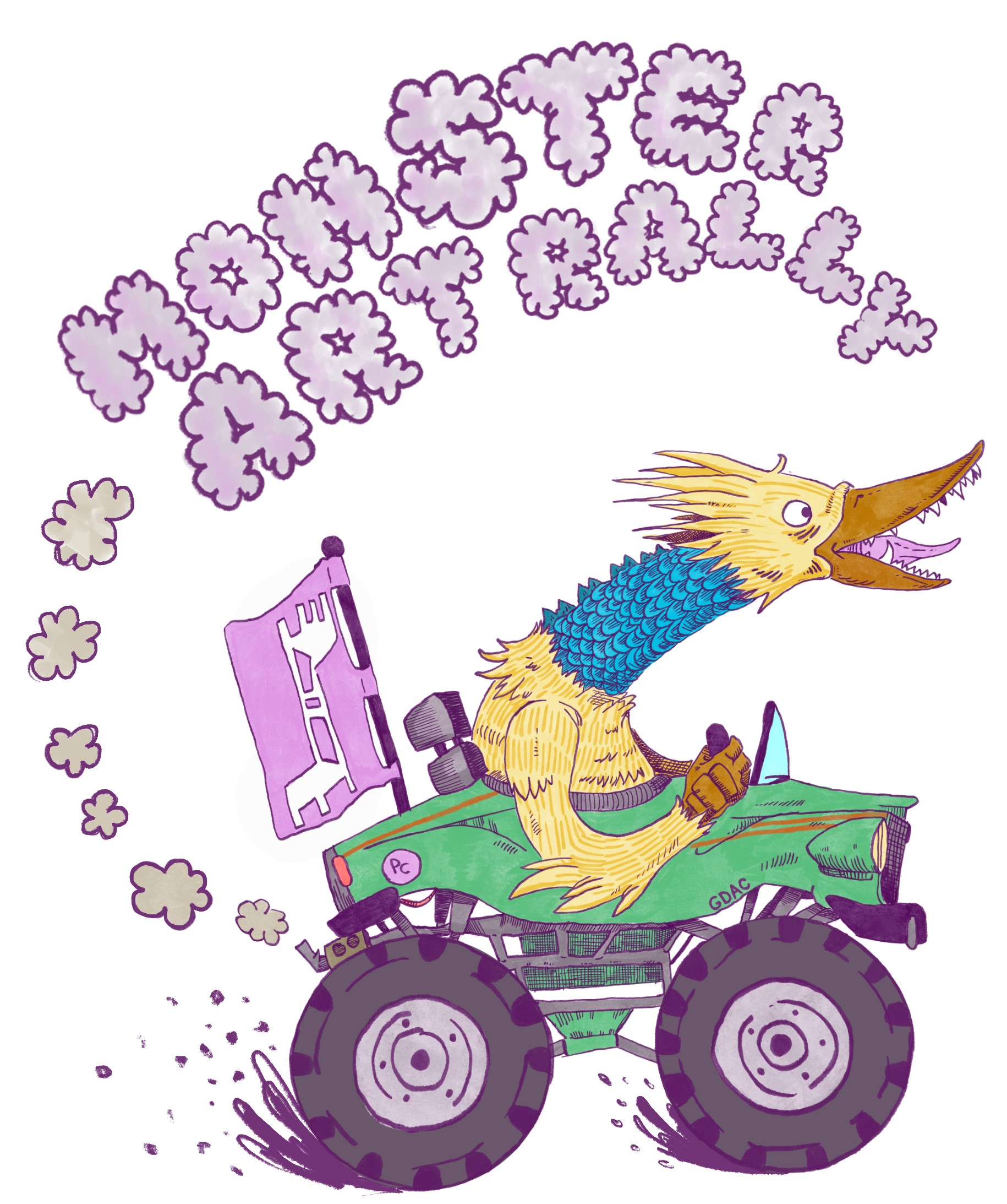 illustrated monster duck riding an ATV through mud and Monster Art Rally spelled out in exhaust from the tailpipe