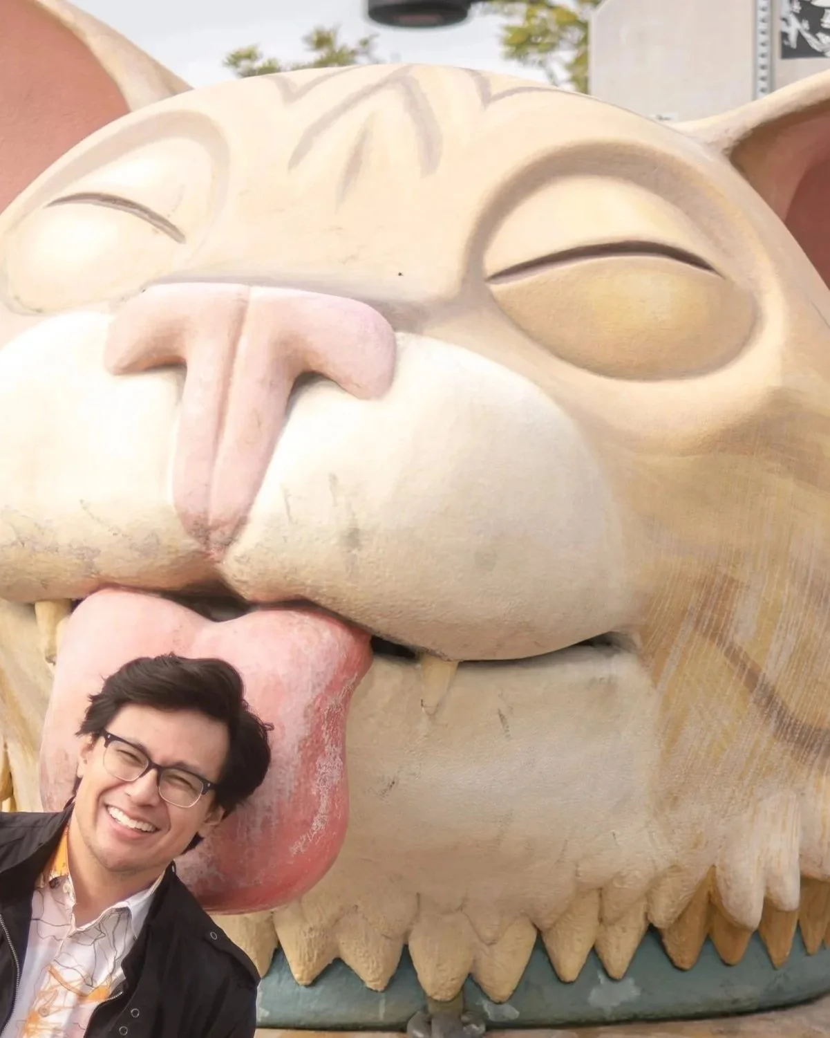A man smiling and wearing glasses standing in front of a large, colorful cartoonish sculpture of a cat's face with its tongue sticking out.