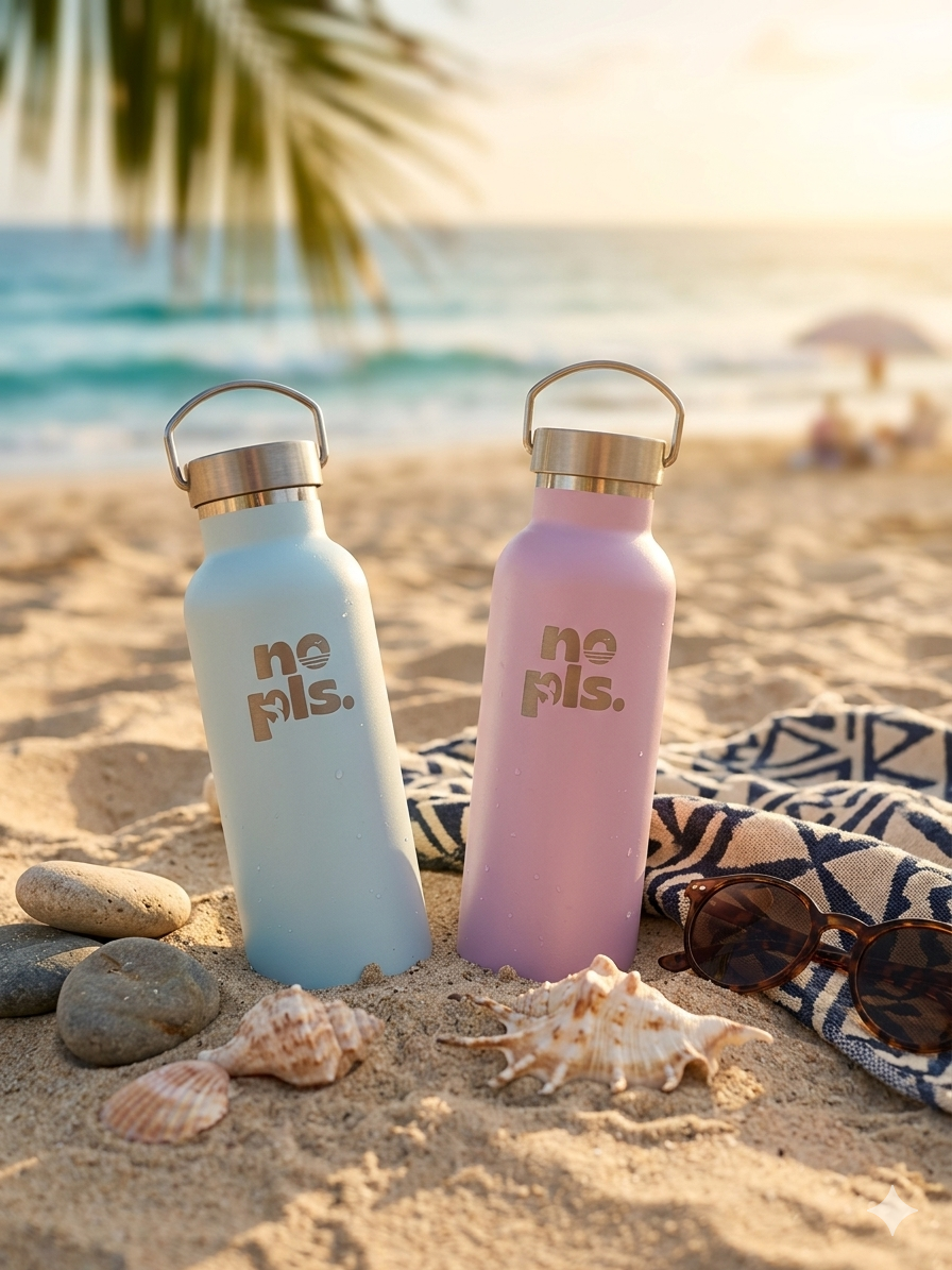 Two water bottles, one blue and one pink, with the phrase "no pls." on them, placed on a sandy beach near seashells and a pair of sunglasses, with the ocean, a palm tree, and a sunset in the background.