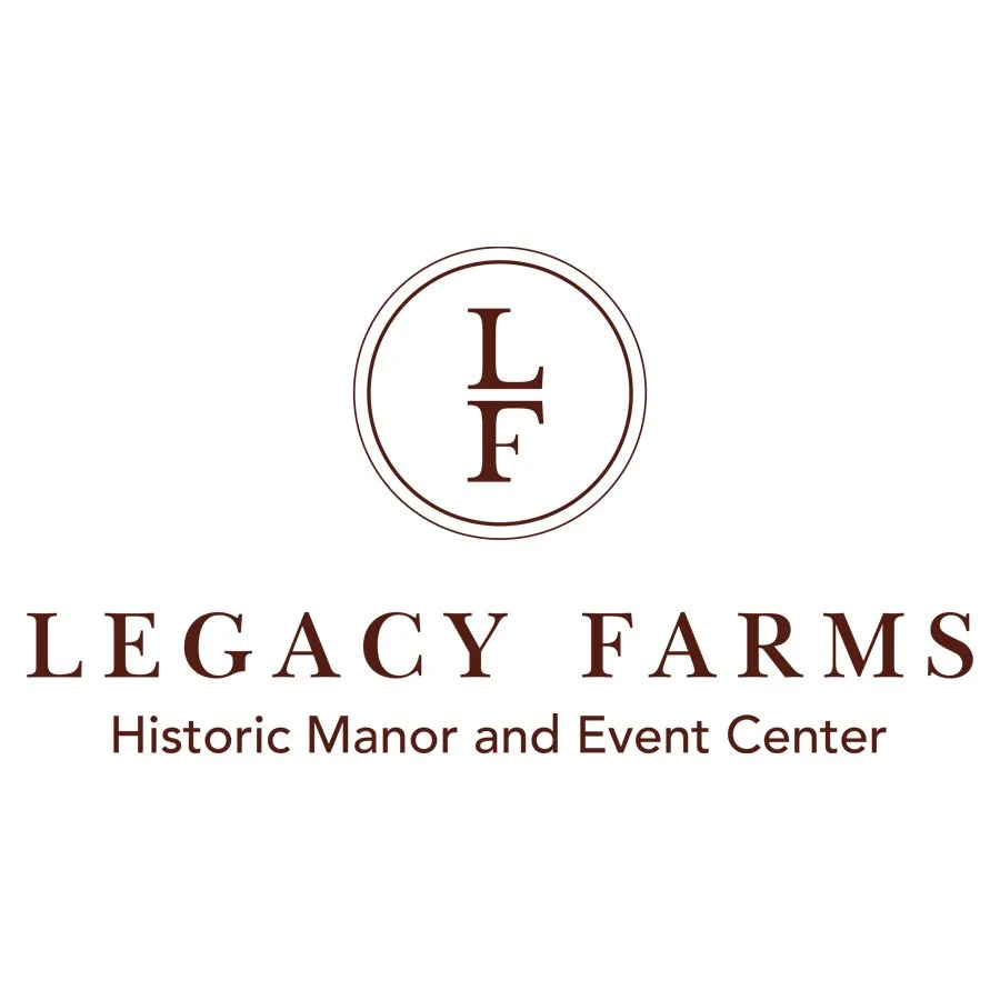 Legacy Farms logo featuring the initials 'L' and 'F' inside a circle, with the text 'LEGACY FARMS' and 'Historic Manor and Event Center' below.