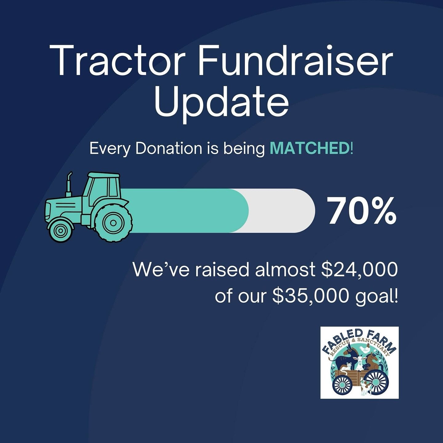 Because of you, we have raised nearly $24,000 toward our $35,000 tractor goal.

Now, every gift is being doubled thanks to a $5,000 matching challenge.

We are 70% funded and within reach of making this happen for Bryan and for every animal who depen