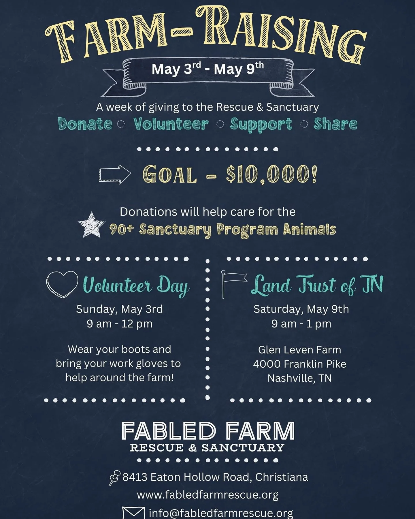 Are you ready?! 

Starting tomorrow, May 3rd through May 9th, is our annual Farm-Raising Week with one goal:
💫 $10,000 to support the Sanctuary Animals at Fabled Farm

Right now, over 80 animals call Fabled Farm home. Many are seniors. Many have spe