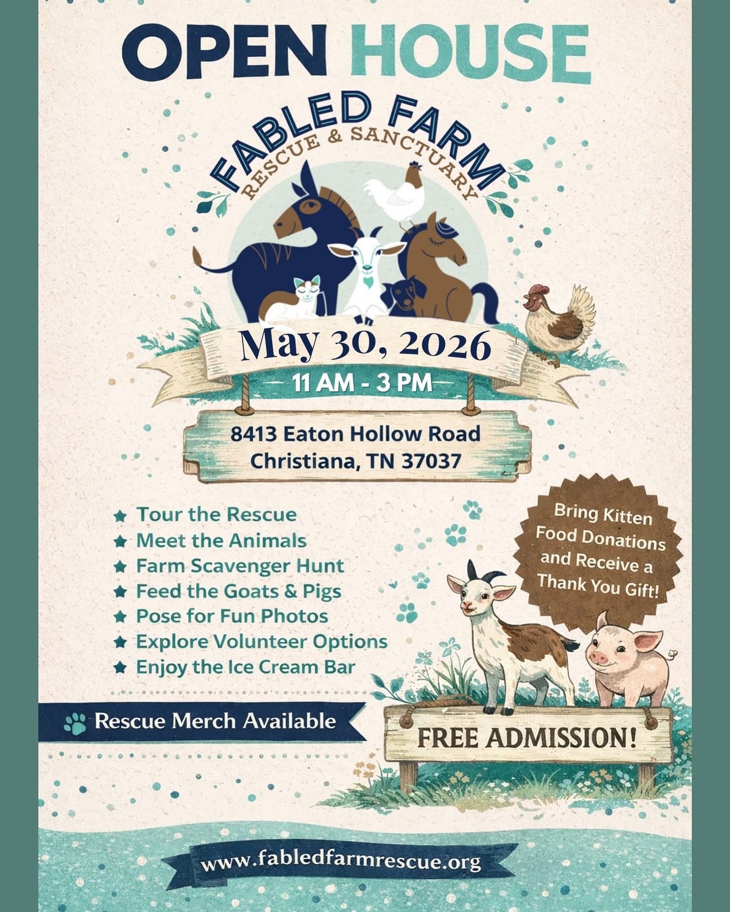 Mark Your Calendar ✨ Fabled Farm Open House ✨

Come spend the day with us at Fabled Farm Rescue &amp; Sanctuary 🐐💛

We&rsquo;re opening our gates and inviting you behind the scenes to meet the animals you help save, explore the farm, and experience