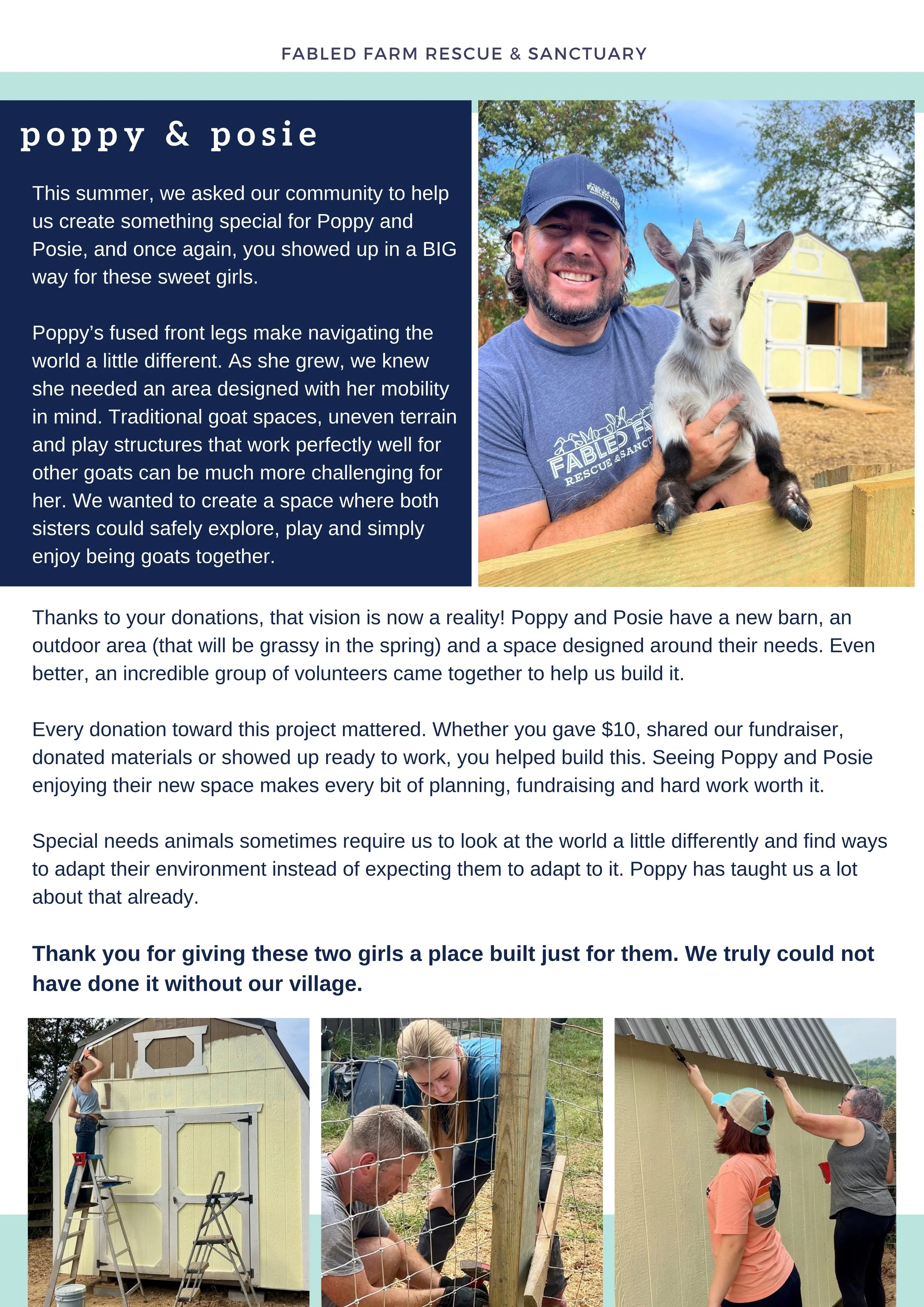 A man with a beard wearing a blue Fabled Farm Rescue & Sanctuary t-shirt and cap, smiling and holding a small goat kid named Poppy, in front of a yellow structure with a barn door, trees, and a blue sky in the background.
