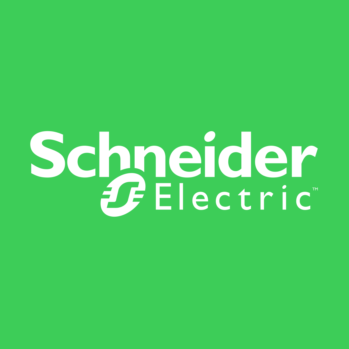 Green background with white 'Schneider Electric' logo and stylized 'S' symbol.