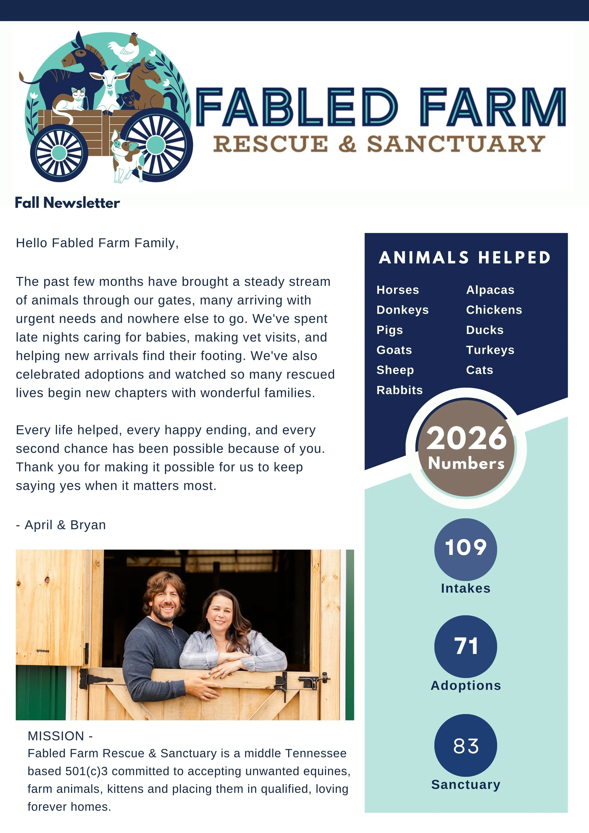 Logo for Fabled Farm Rescue & Sanctuary featuring animals including a horse, goat, cat, rabbit, and bird on a cart. The newsletter section contains text related to their 2026 numbers and mission statement.