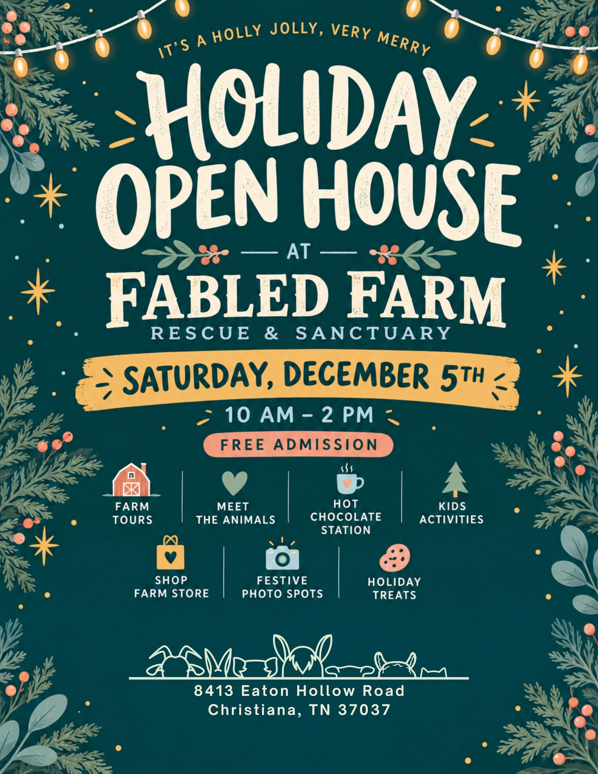 A festive Christmas-themed flyer advertising an event at Fabled Farm Rescue & Sanctuary on Saturday, December 5th from 10 AM to 2 PM with free admission. The flyer features holiday decorations, stars, snowflakes, and illustrations of farm animals, a barn, and holiday treats.