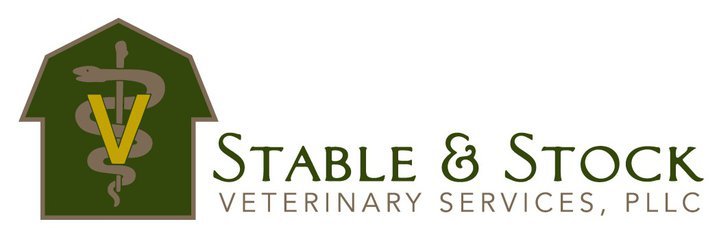 Logo for Stable & Stock Veterinary Services, PLLC, featuring a green house with a snake entwined around a sword, a yellow V, and the company name.