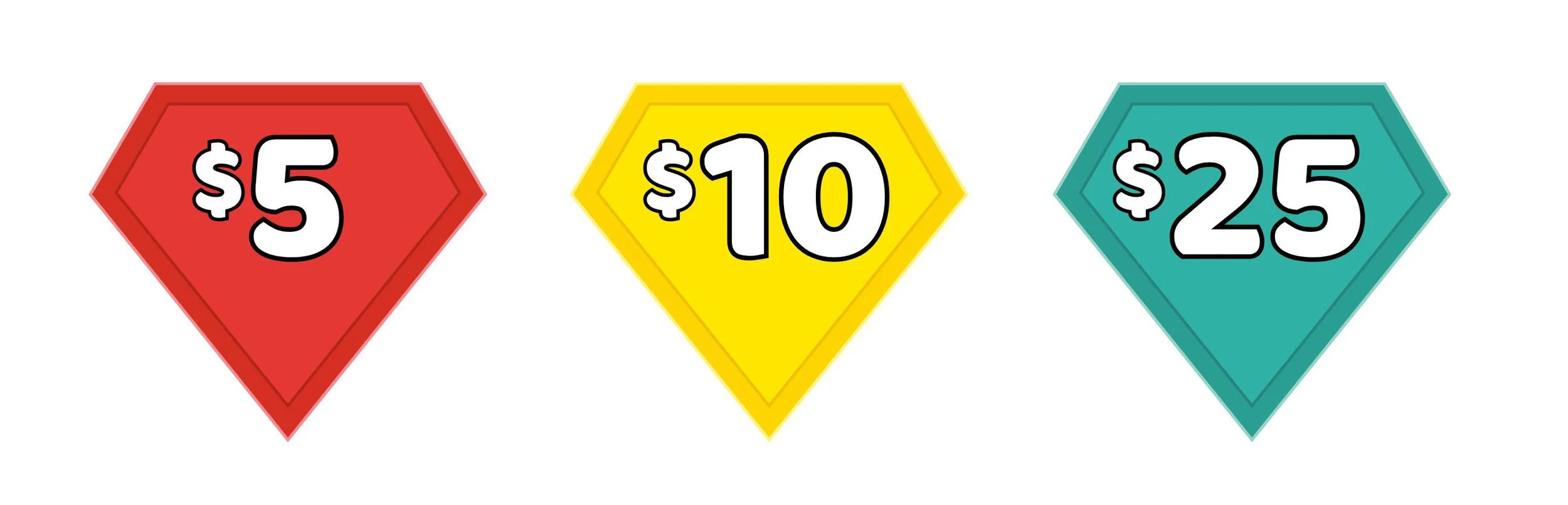Colorful diamonds with prices: $5 in red, $10 in yellow, $25 in teal.
