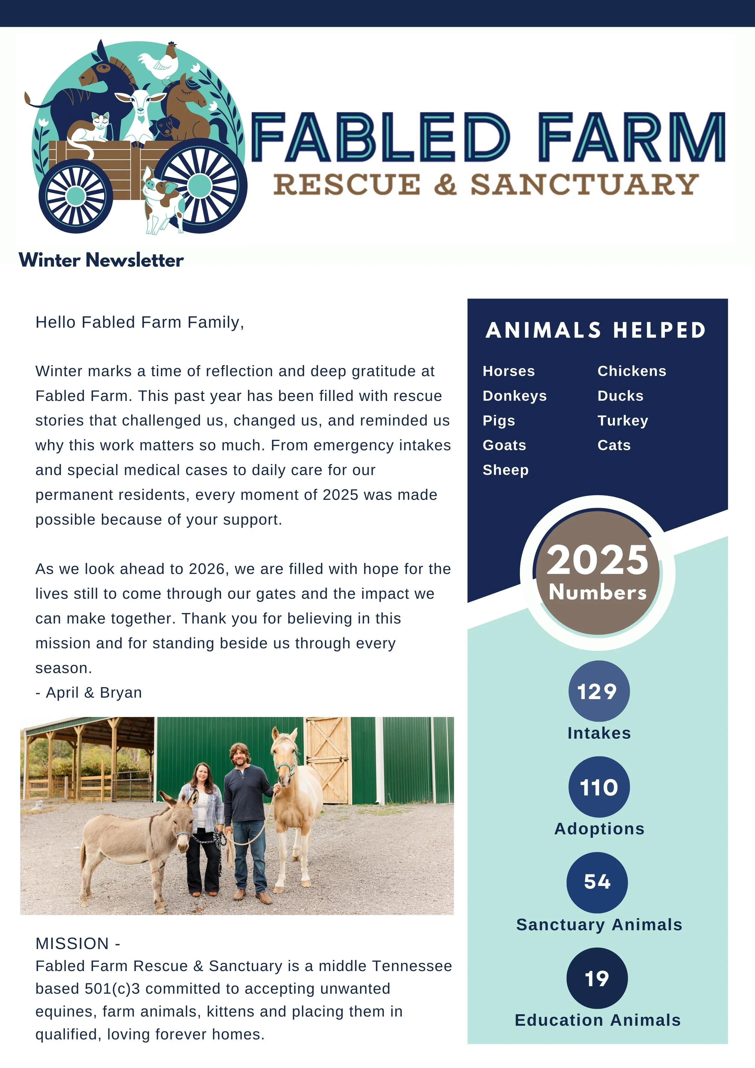 Fabled Farm Rescue & Sanctuary logo with animals in a wagon, plus a photo of two people with donkeys in front of a green barn.