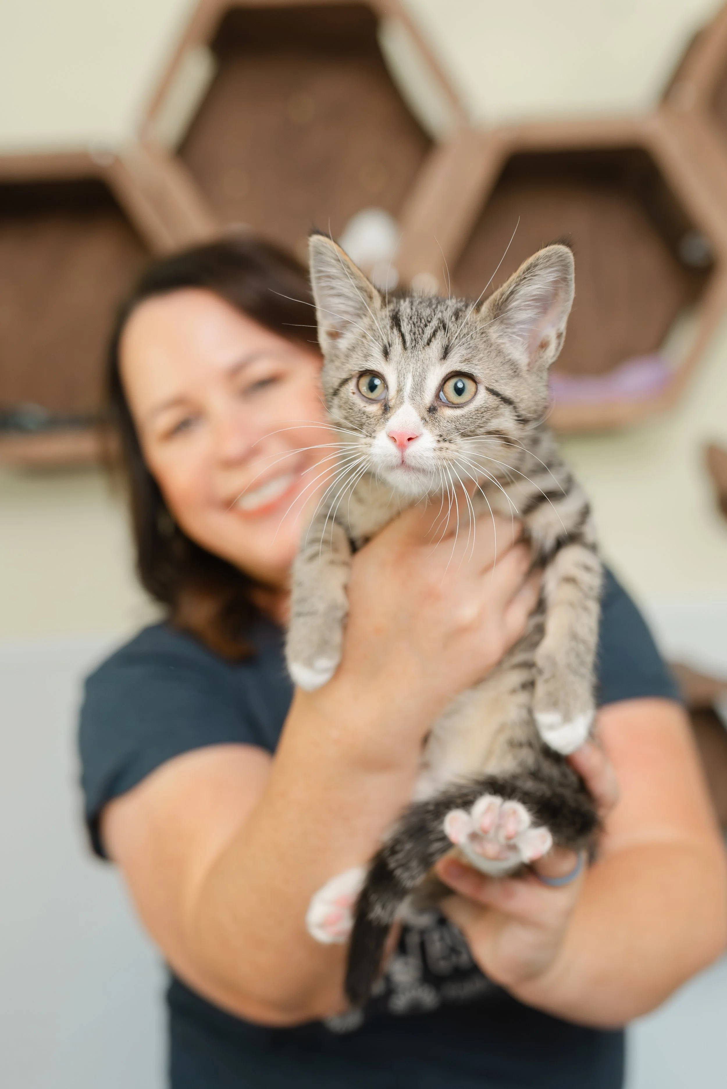April with rescued kitten at Fabled Farm Rescue