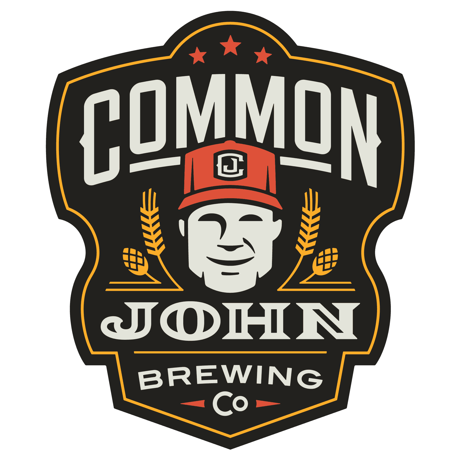 Logo for Common John Brewing Co featuring a smiling face wearing a red cap, with wheat and hops illustrations, and text in bold style.