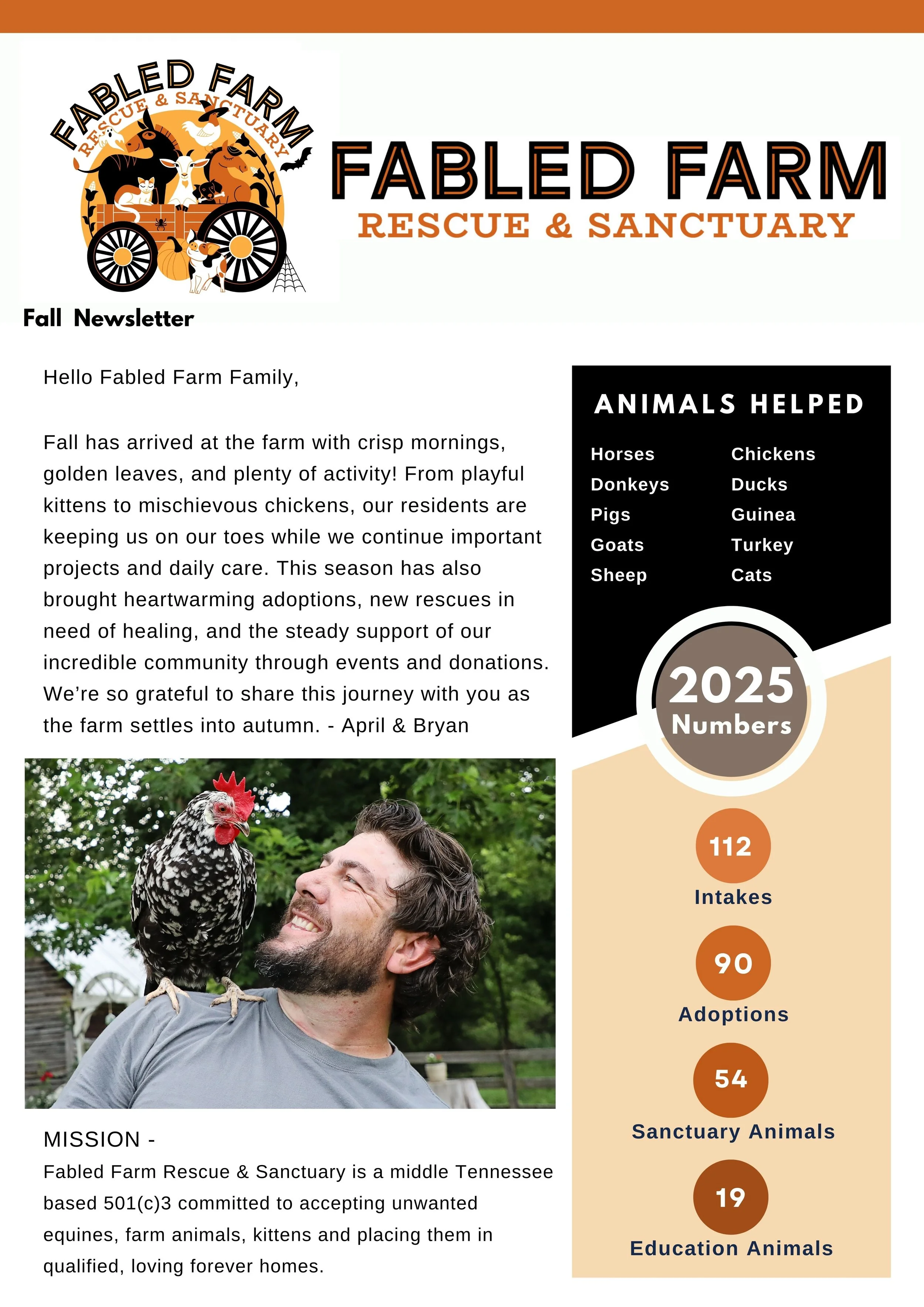 Newsletter header for Fabled Farm Rescue & Sanctuary featuring a logo with animals on a wagon, and a photo of a man smiling with a chicken perched on his shoulder. The newsletter includes updates about farm animals and rescue statistics.