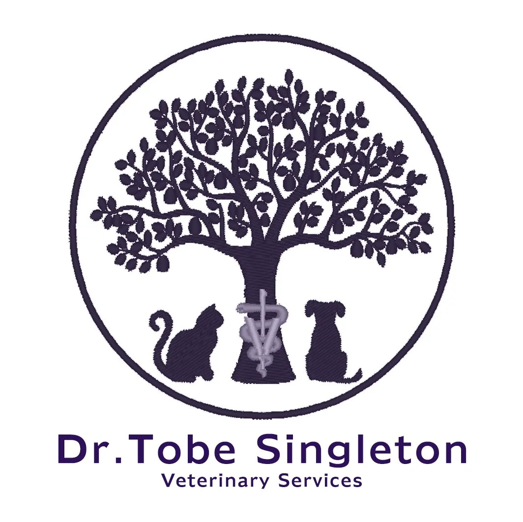 Logo for Dr. Tobe Singleton Veterinary Services featuring a stylized tree with a cat and dog silhouette underneath.