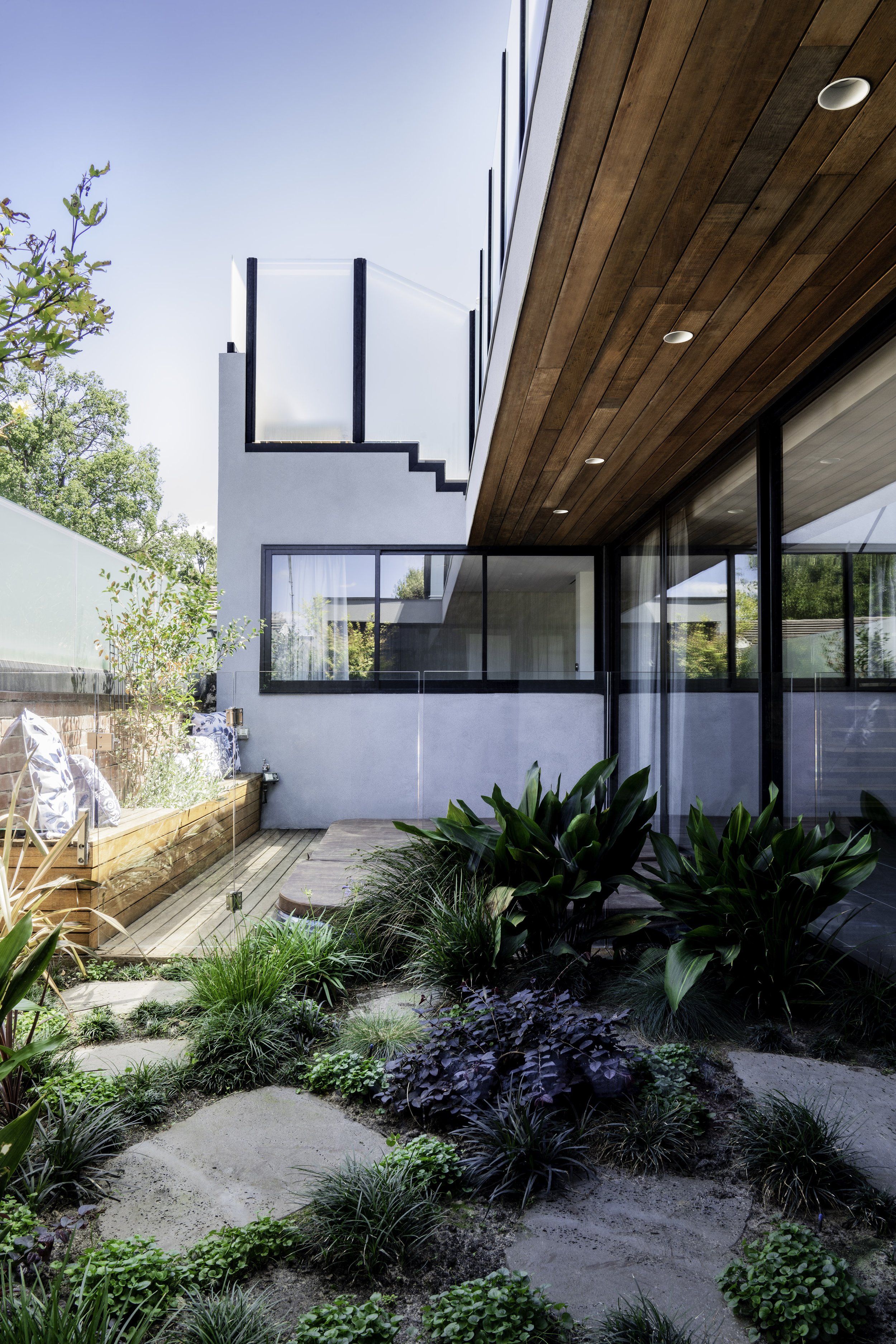 Lightwell House East Melbourne home exterior featuring timber soffit, expansive glazing, landscaped courtyard garden and layered planting design