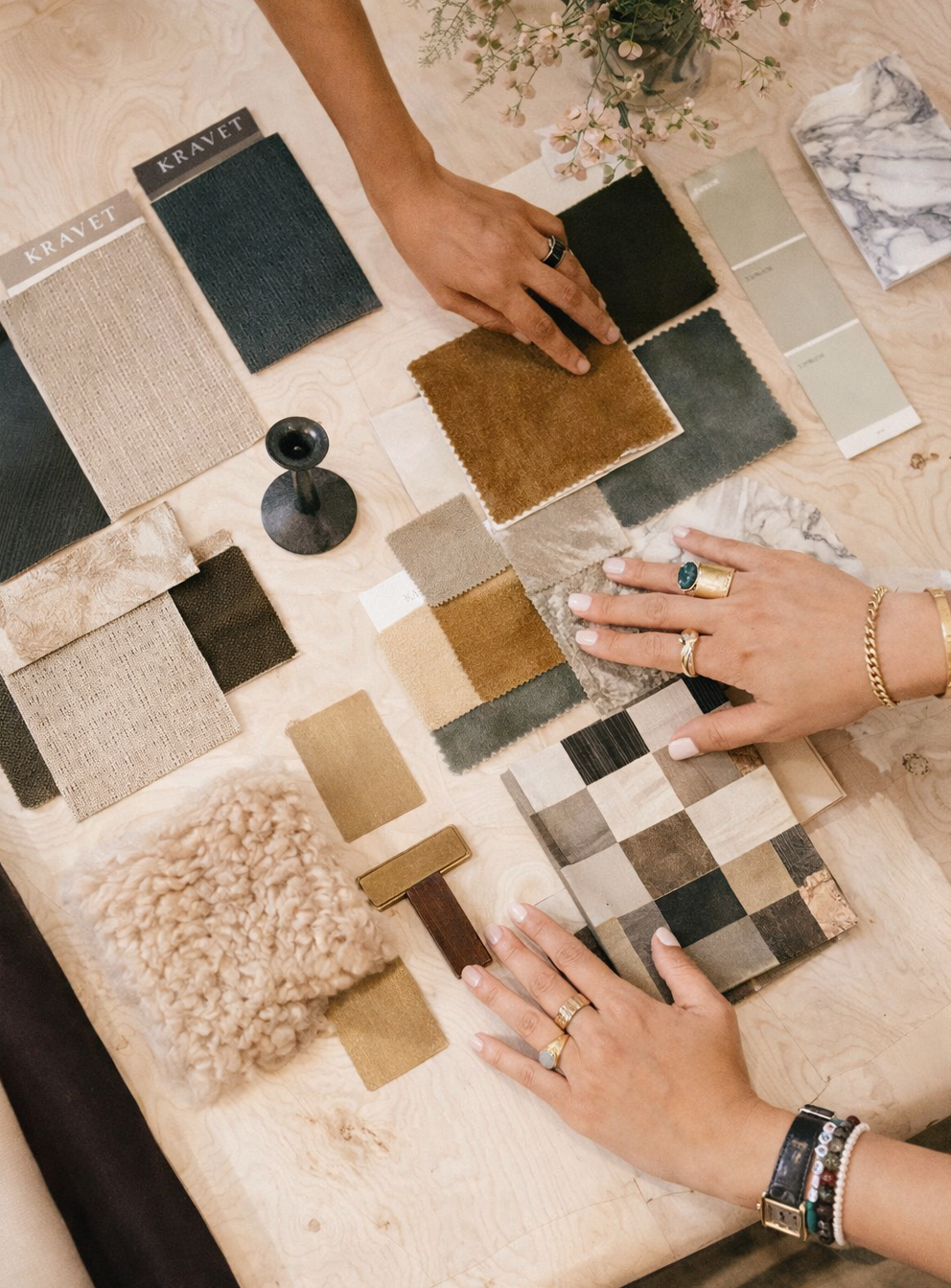 Materials palette featuring layered textures, natural finishes and detailed material selections
