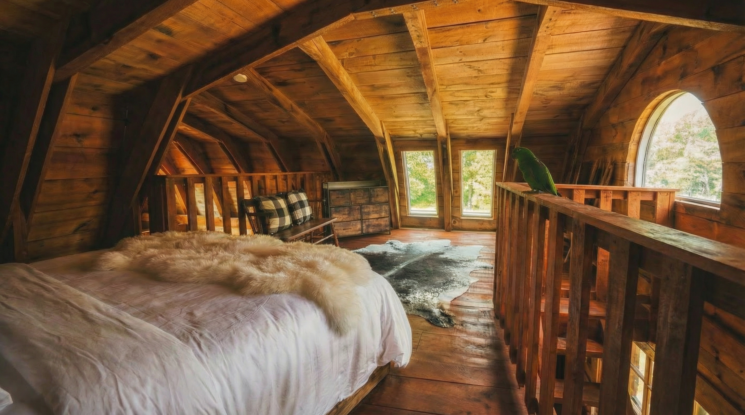 A cozy rustic bedroom with wooden walls and ceiling, a bed with white bedding and a fur throw, plaid pillows, a cowhide rug, windows showing greenery outside, and a parrot perched on the wooden railing.