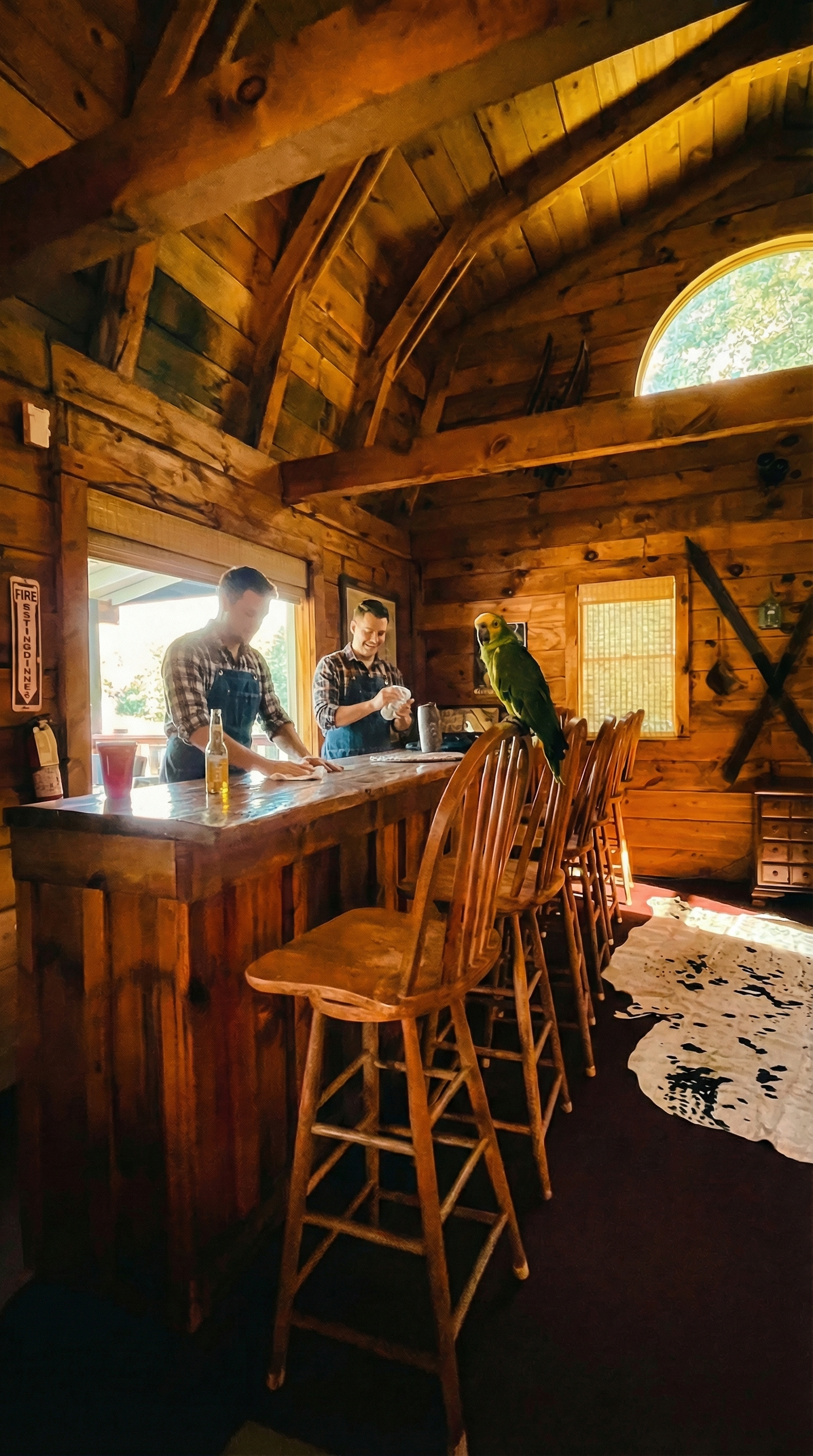 Two men in plaid shirts and aprons are working behind a wooden bar in a rustic cabin with wood-paneled walls and ceiling. A green parrot is perched on one of the bar stools, and there is a window letting in natural light. The scene is warm and cozy with a cowhide rug on the floor.