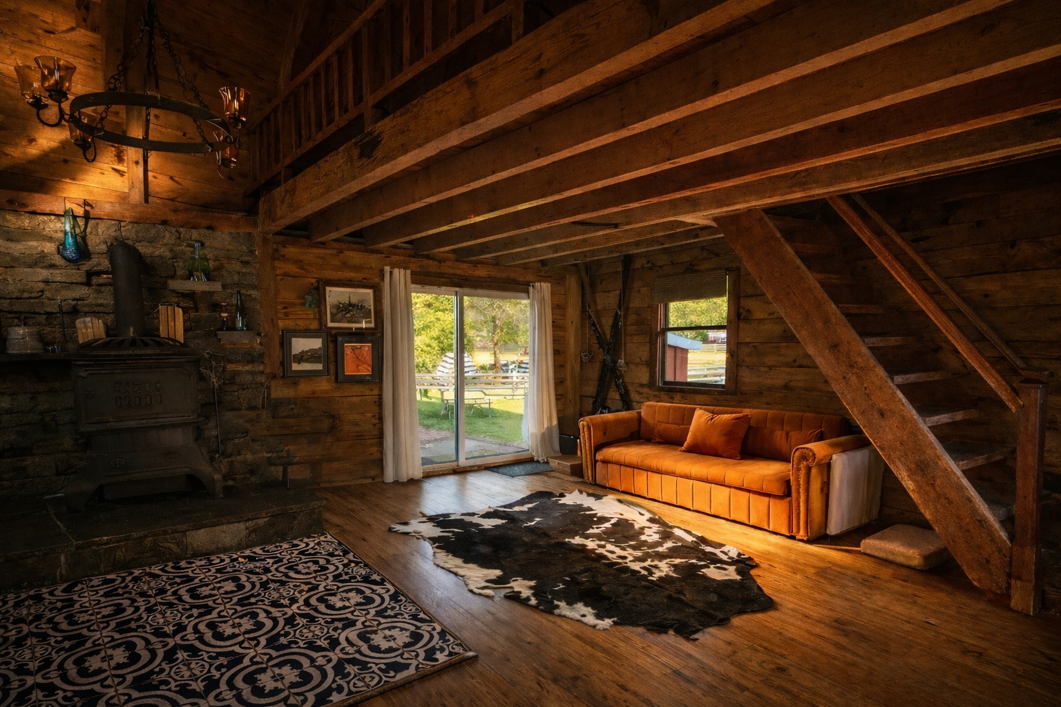 Cozy rustic living room with wooden walls and ceiling, featuring a black stove, framed artwork, a sliding glass door with white curtains, an orange vintage couch, a cowhide rug, and an area rug with patterns, overlooking a backyard with picnic tables.