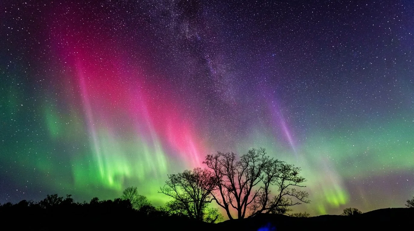 Night sky illuminated with vibrant green, pink, purple, and blue northern lights over silhouetted trees and landscape.