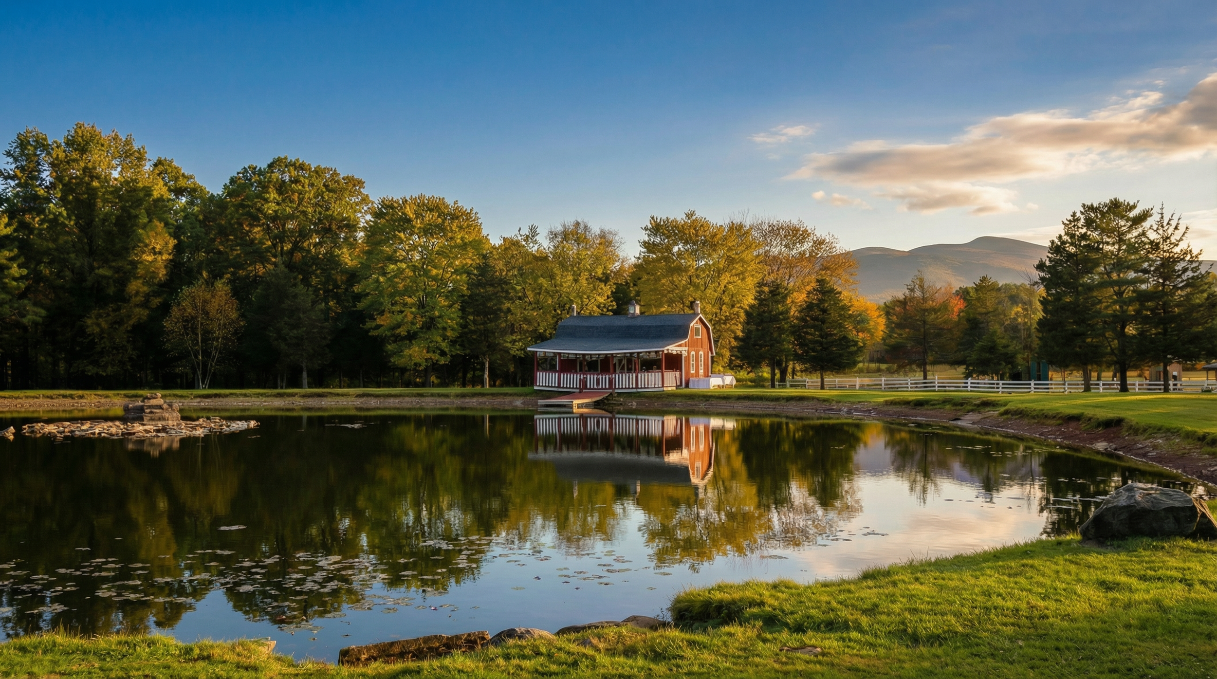 A red barn with a porch beside a pond, surrounded by trees and mountains in the distance, under a partly cloudy sky.