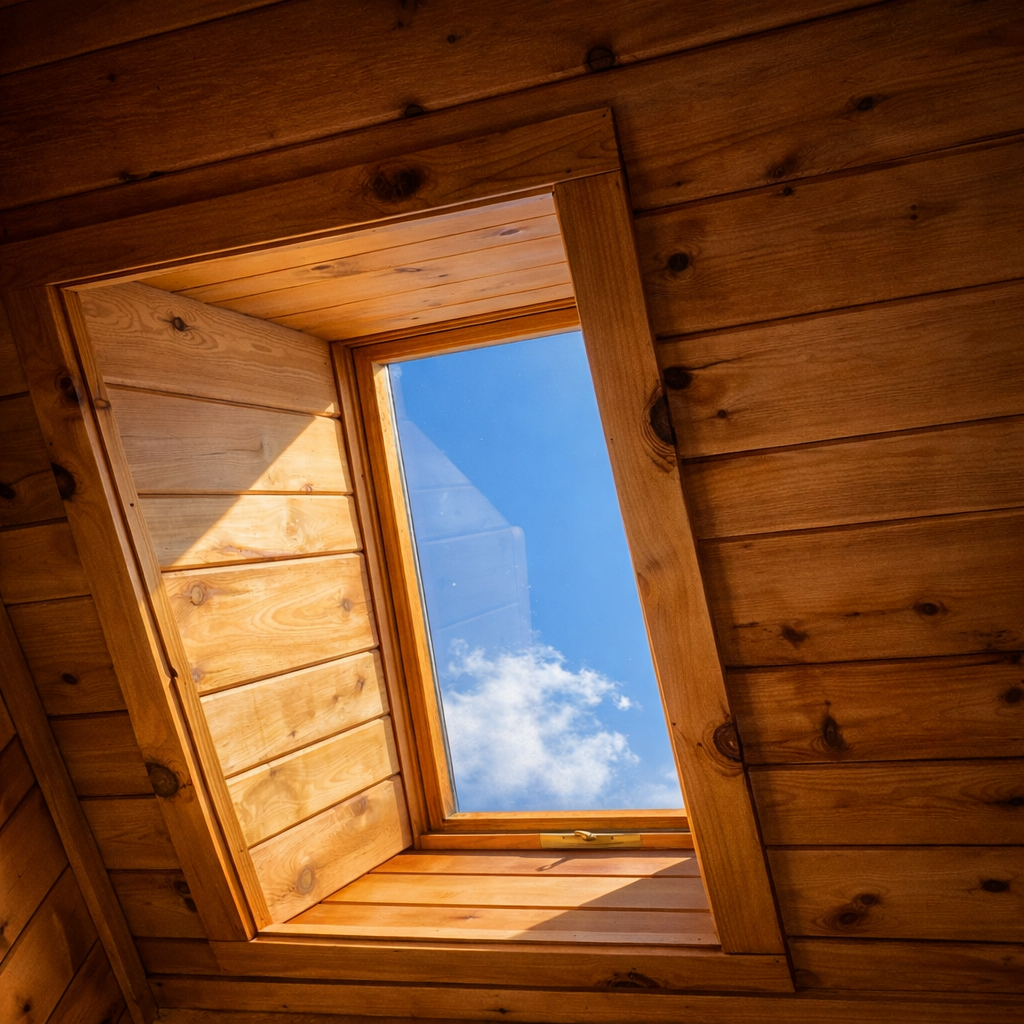 View through a wooden skylight showing a blue sky with white clouds.