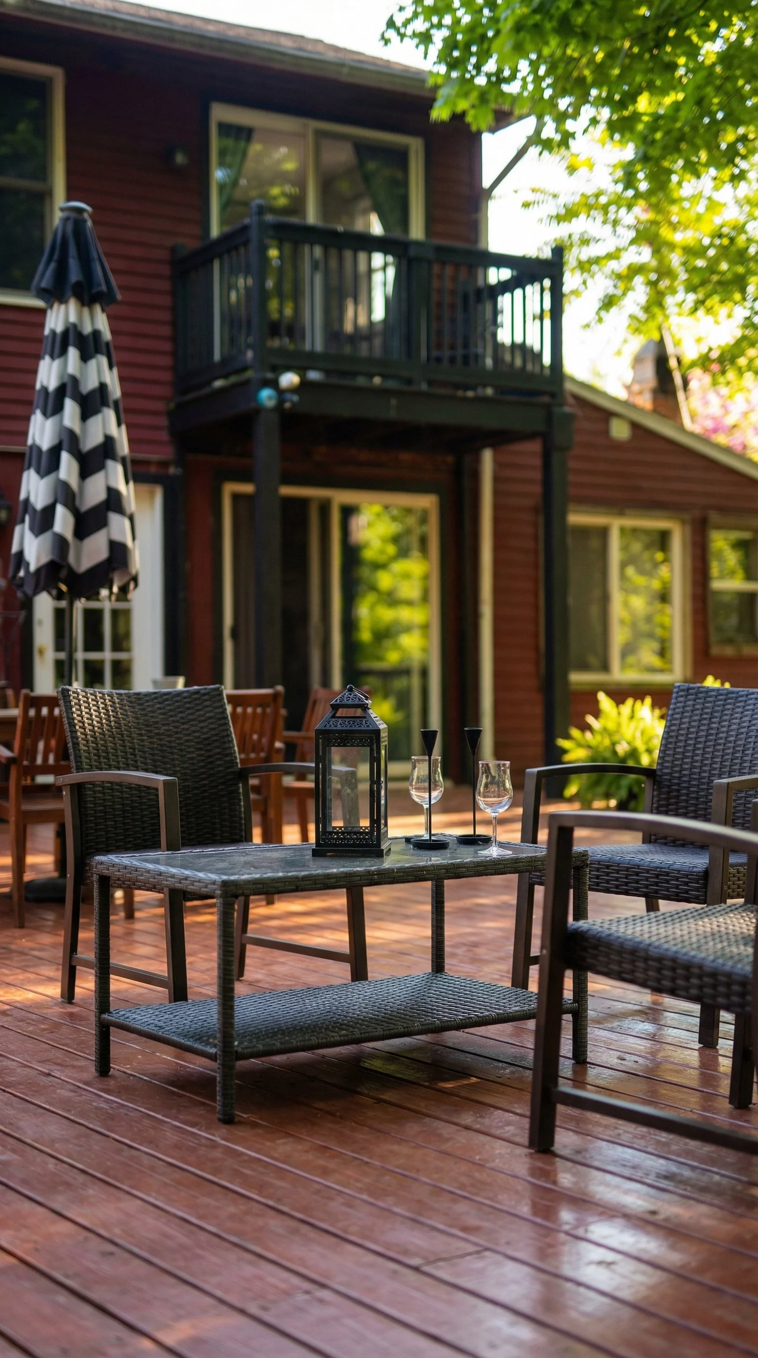 Outdoor patio with wicker chairs, a glass table with a lantern and wine glasses, an umbrella, and a two-story house with a deck in the background.